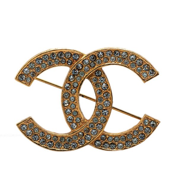 Chanel Coco Mark Rhinestone Brooch, Gold Plated, Women's, CHANEL - Picture 1 of 4